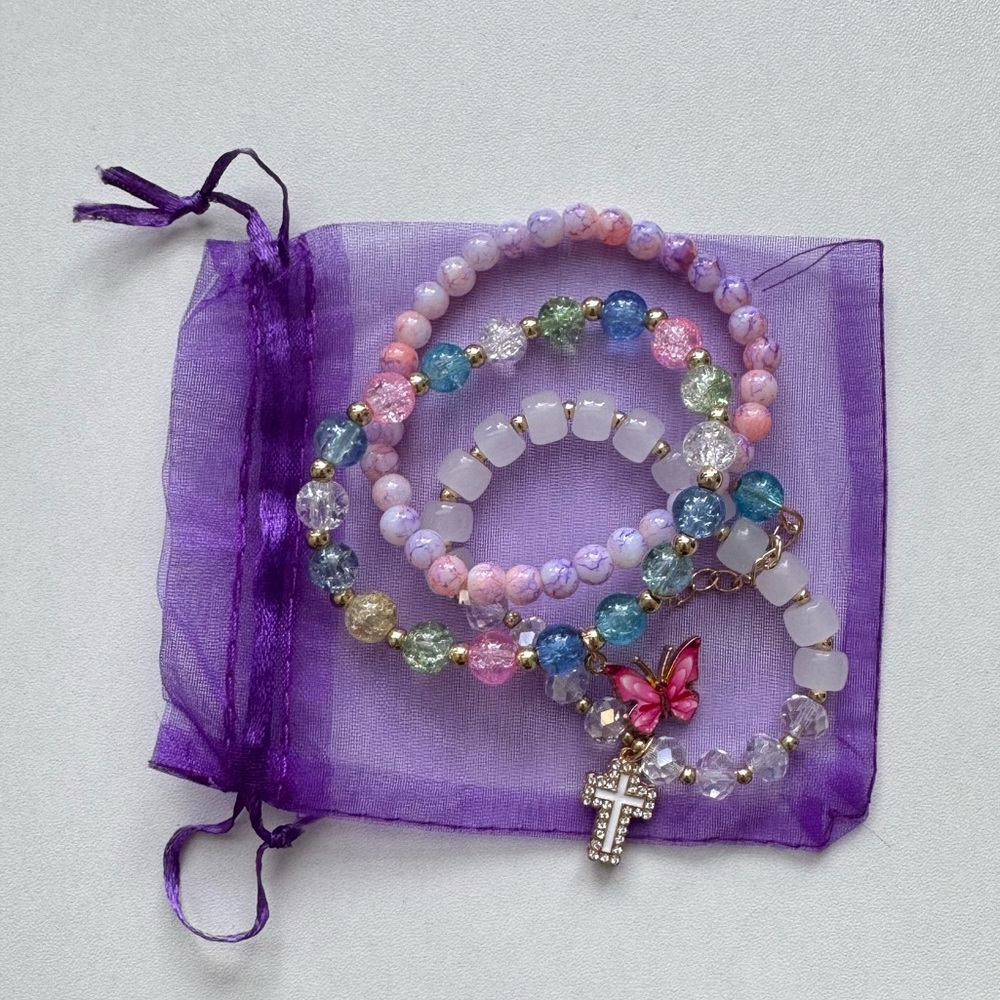 Purple and Pink Cross and Butterfly Bracelet Set